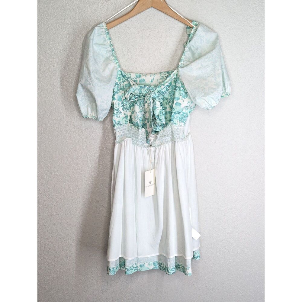 NWT White Green Floral Cottage Coquette Boutique Dress Sz M Puff Sleeve Bow - Picture 12 of 12
